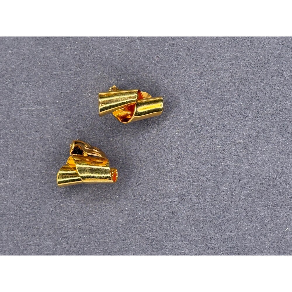 Vintage 1950s Gold Rhinestone Earrings Mid Century Sculptural Leaf Petite - Picture 5 of 8
